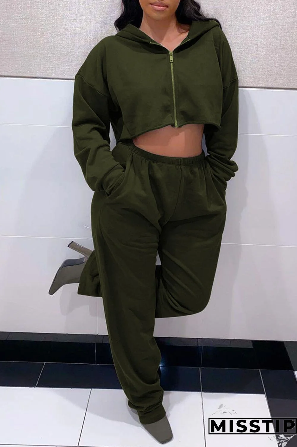 Cream White Casual Print Patchwork Zipper Hooded Collar Long Sleeve Two Pieces