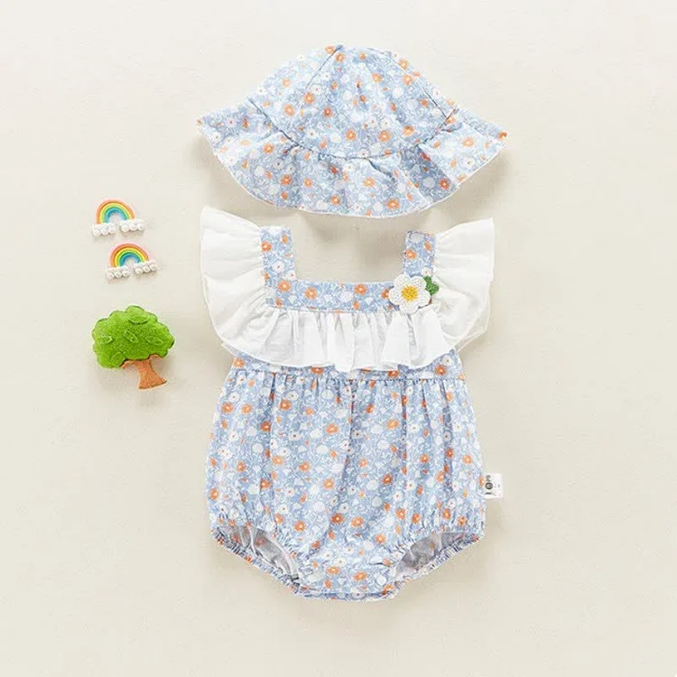Baby Floral Ruffled Bodysuit with Hat