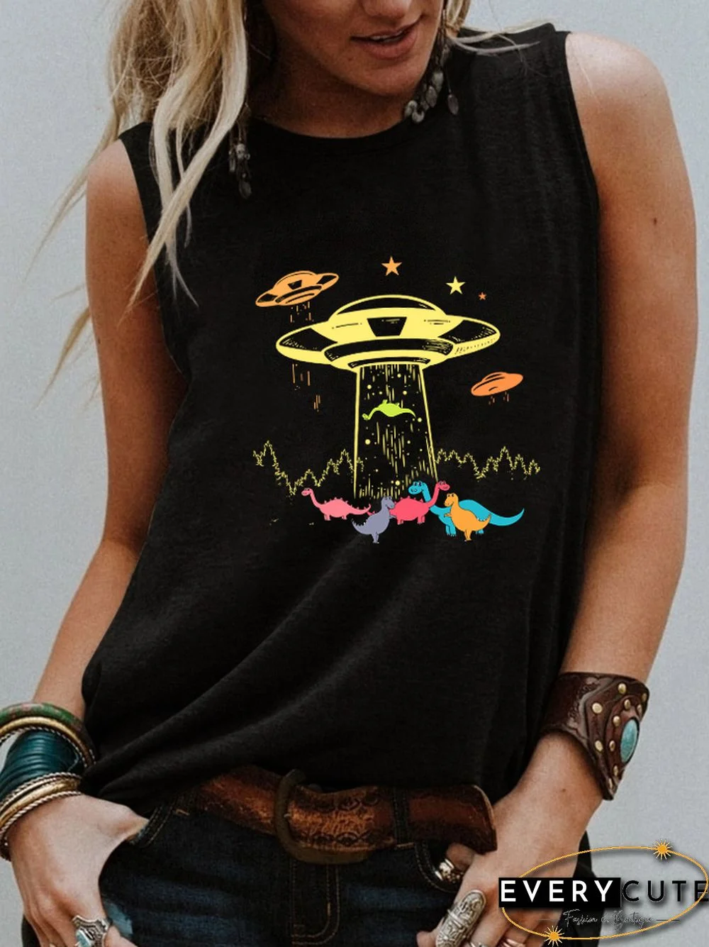 Ufo Dinosaurs Colored Tank Top Harajuku Kawaii Style Dinosaurs Sleevele Tee Women Casual 90S Aesthetic Vintage Top