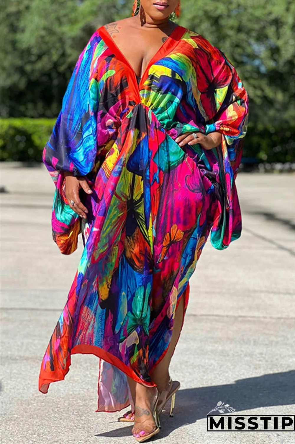 Red Gray Casual Print Patchwork V Neck Irregular Dress Plus Size Dresses