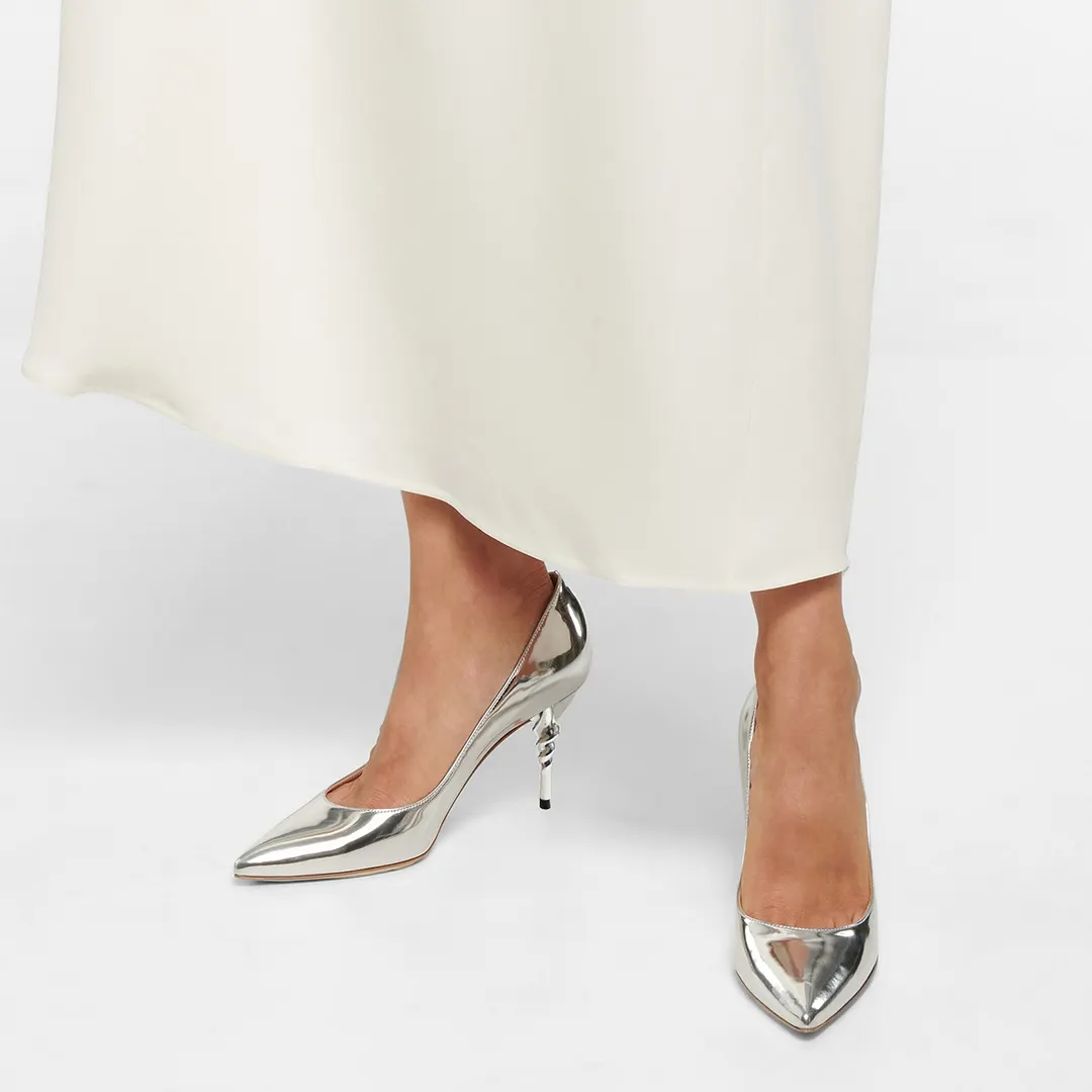 Women's Pointed Toe Sculptural Heel Dress Shoes Silver Pumps
