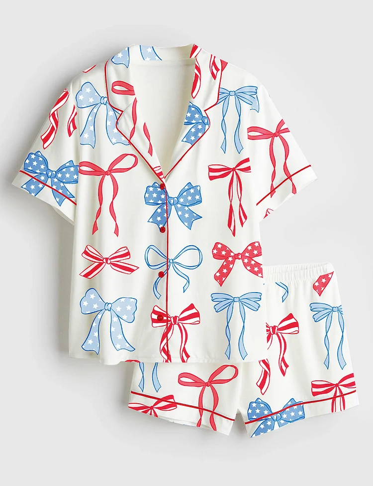 Women&rsquo;s Patriotic American Bows 4th Of July Coquette Bows Print Short Sleeve Satin Pajama Set