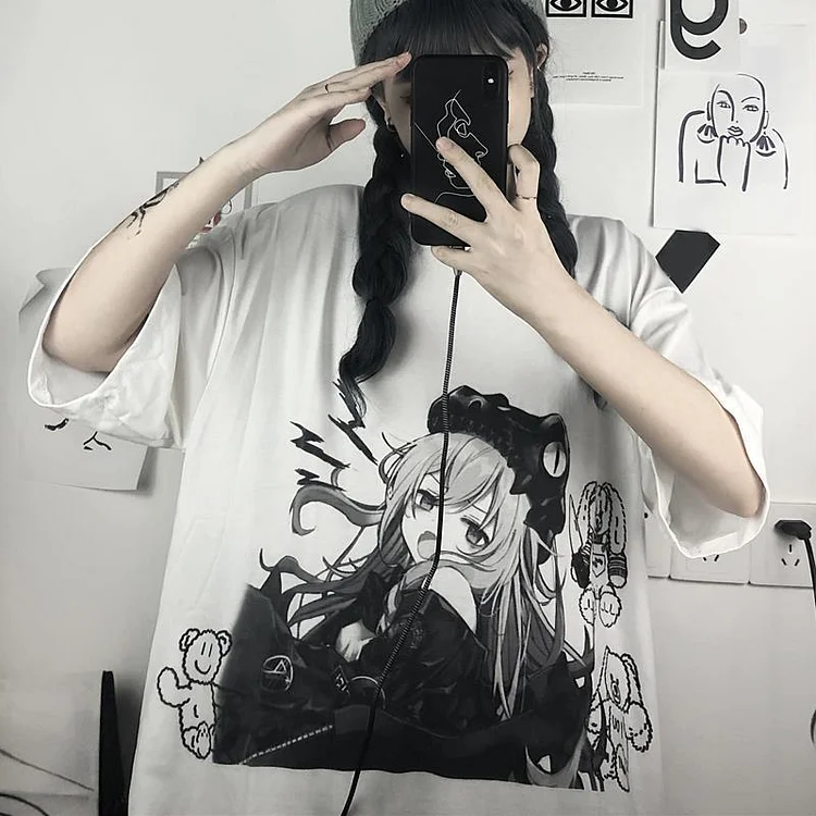Harajuku Style Printed Crew Collar T-shirt