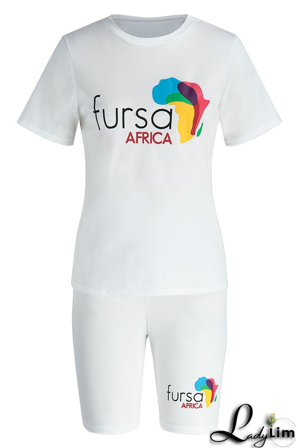 White Fashion Casual Print Basic O Neck Short Sleeve Two Pieces