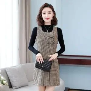 Elegant Sleeveless Woolen Blended Vest Dress High Quality Fashion Pocket New Autumn Winter Office Work Slim Plaid Midi Dresses