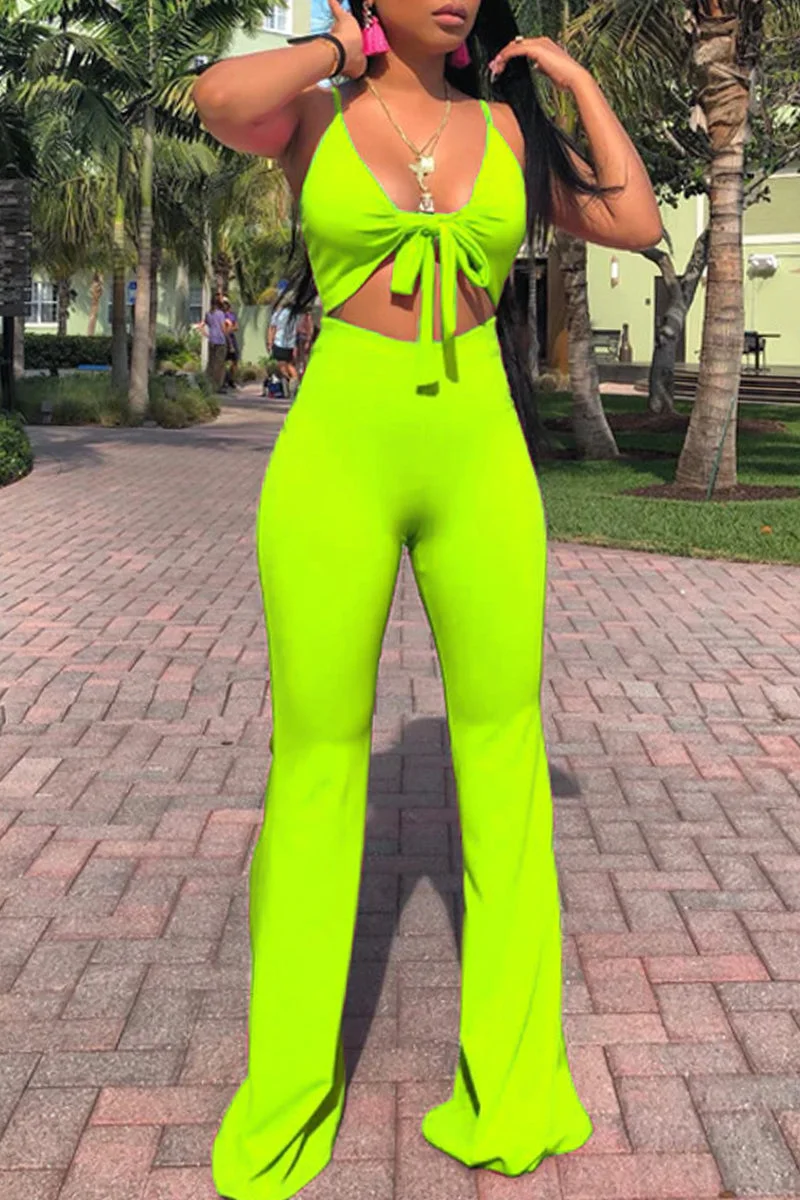 Sexy Casual Solid Bandage Hollowed Out Backless Spaghetti Strap Skinny Jumpsuits