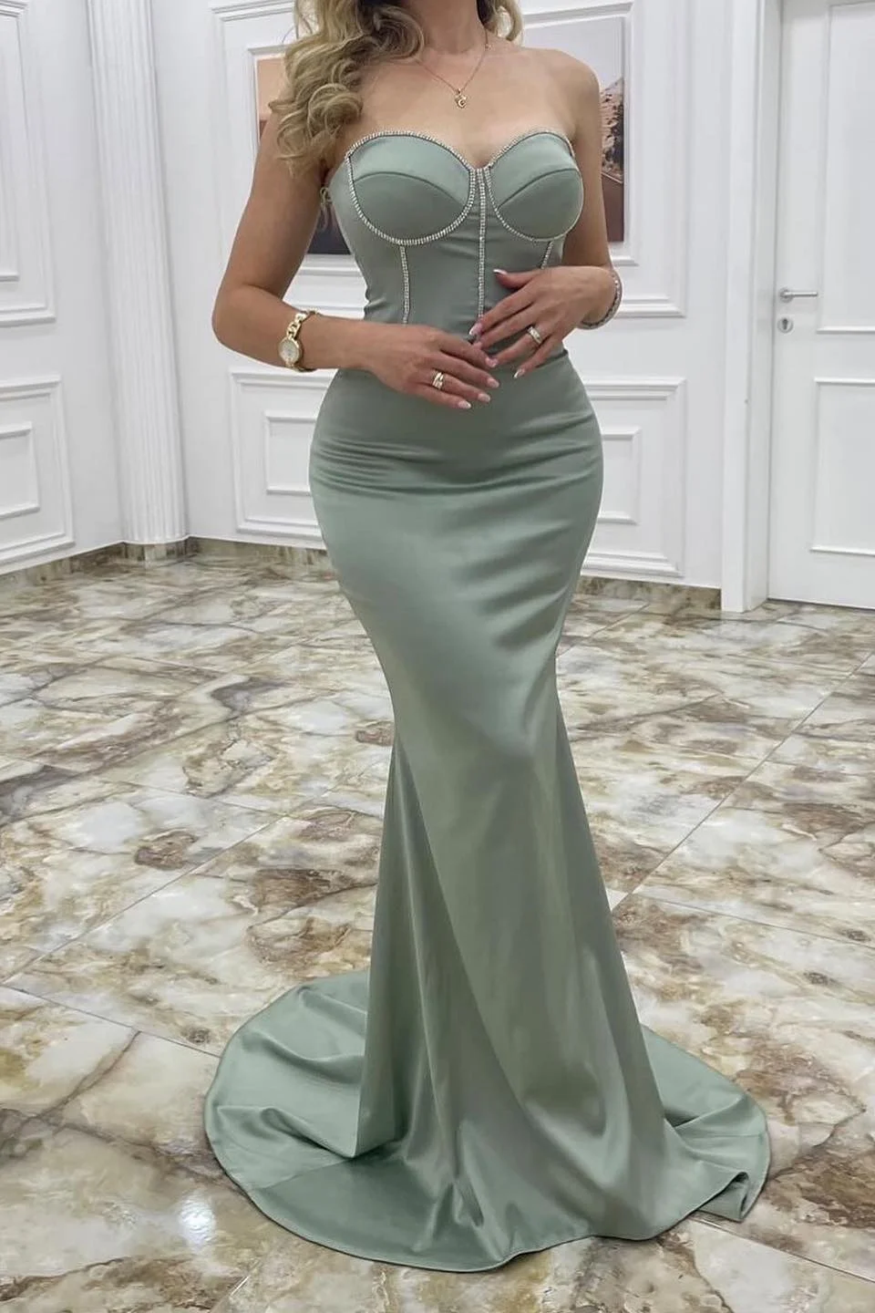 Bellasprom Dusty Sage Sweetheart Long Evening Dress Mermaid With Beads