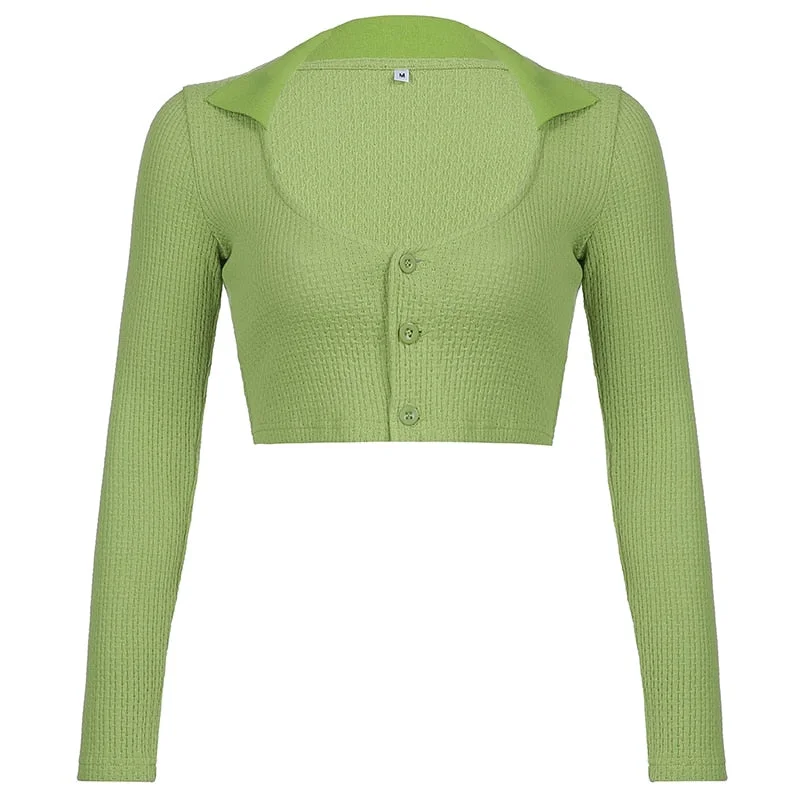 Rapcopter Green y2k Crop Top Knitted Long Sleeve T Shirt V Neck Vintage Harajuku Tee Women Autumn Basic Casual Tshirt Streetwear