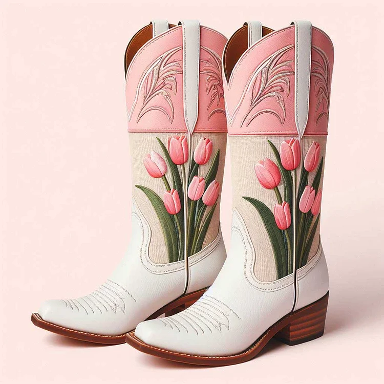 White & Pink Embroidered Chunky Heel Mid Calf Flower Cowboy Boots |FSJ Shoes