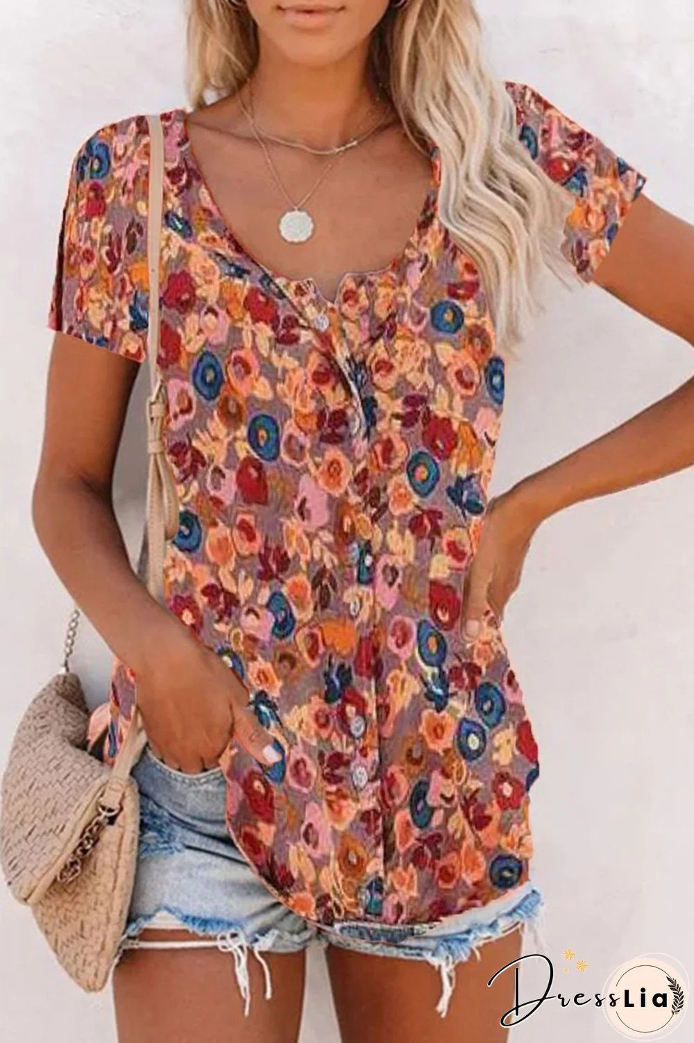Short Sleeve Vintage Printed Chiffon T-Shirt