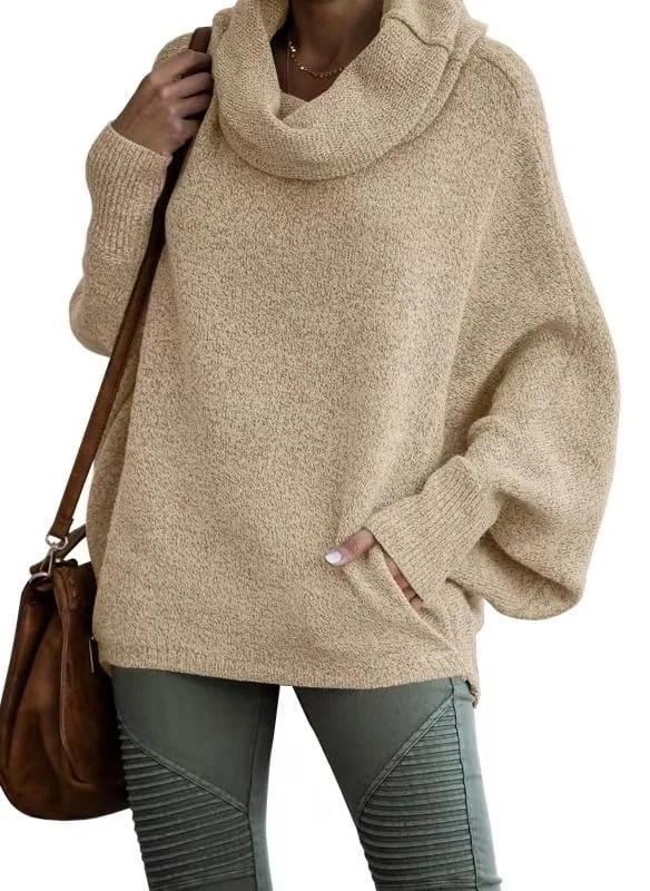 2024 Fall sale!!🍁Cowl Neck Batwing Sleeve Pullover Sweater with Pockets