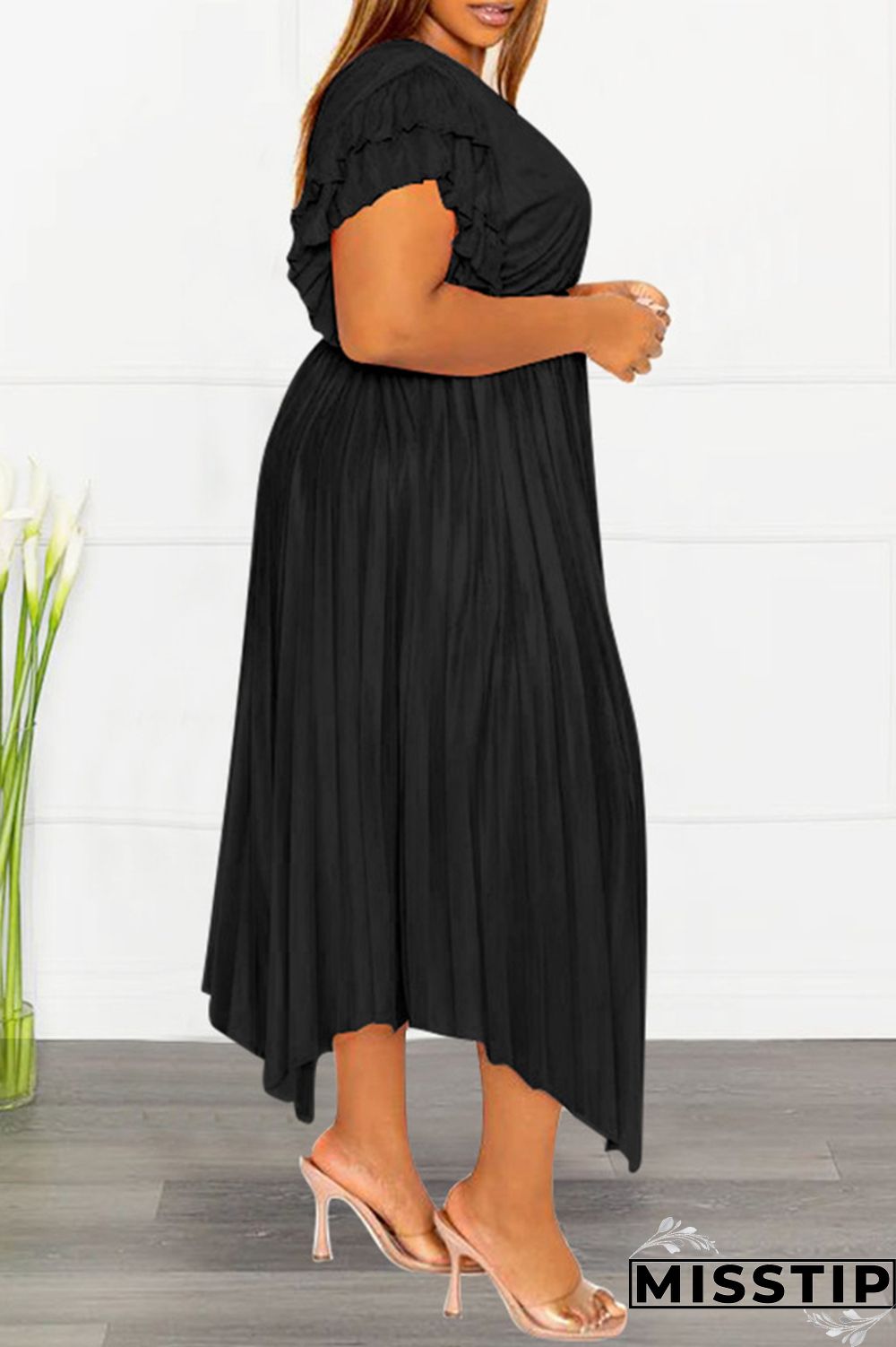 Pink Casual Solid Patchwork V Neck Pleated Plus Size Dresses