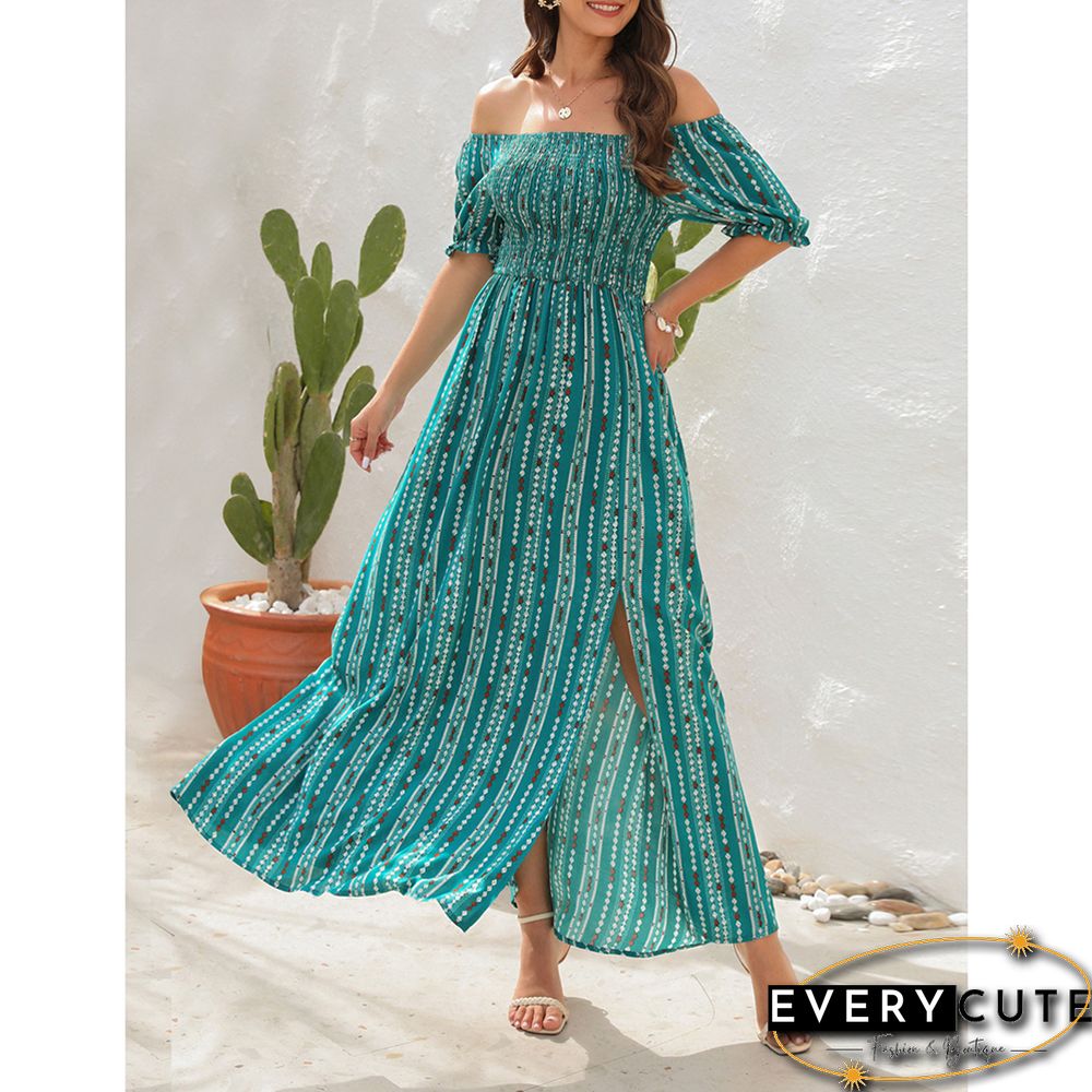 Green Vertical Striped Print Split Off Shoulder Maxi Dress