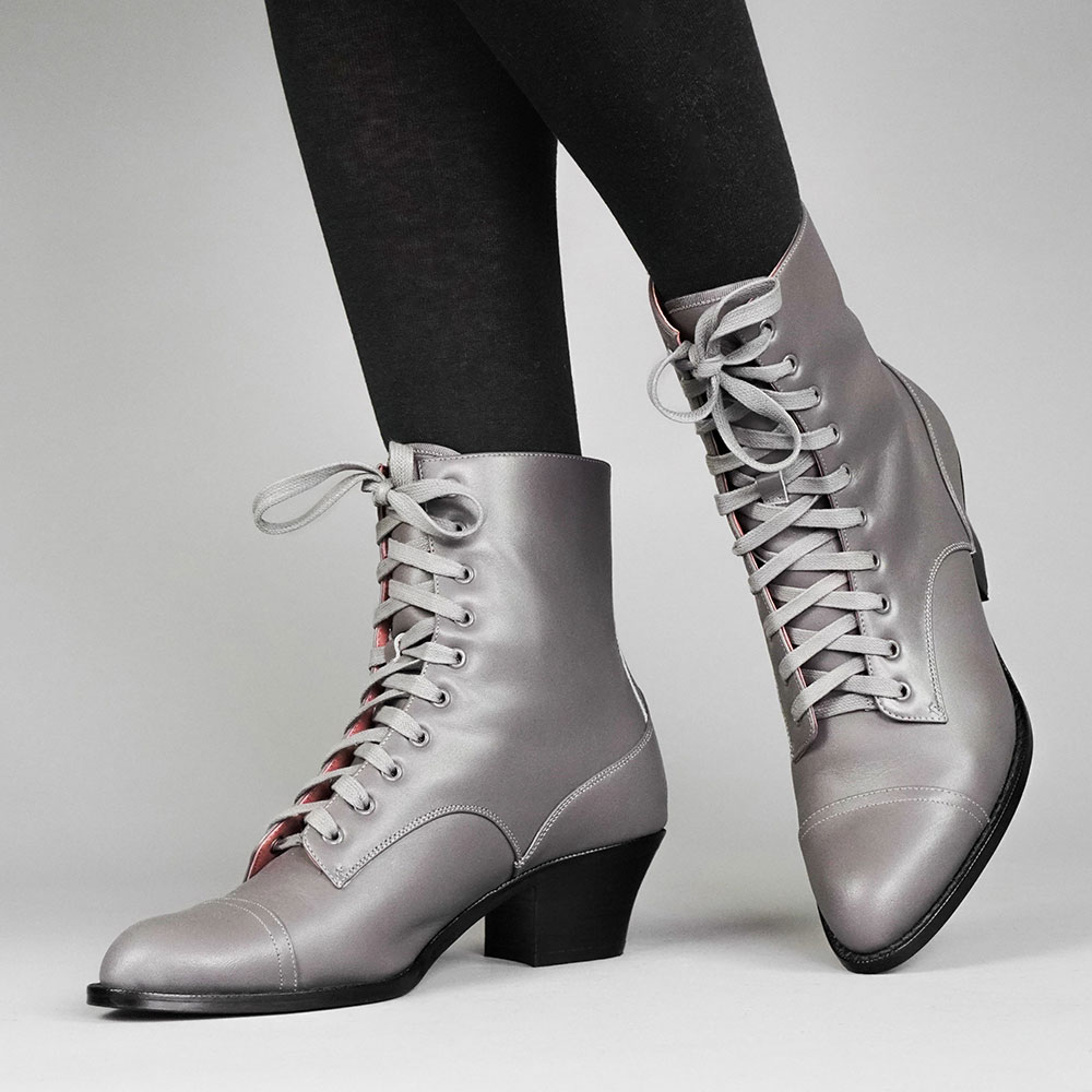 Vegan Leather Lace-Up Almond Toe Chunky Heeled Ankle Boots in Grey Nicepairs