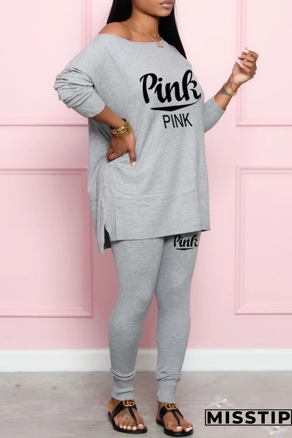 Black Fashion Casual Letter Print Slit O Neck Long Sleeve Two Pieces