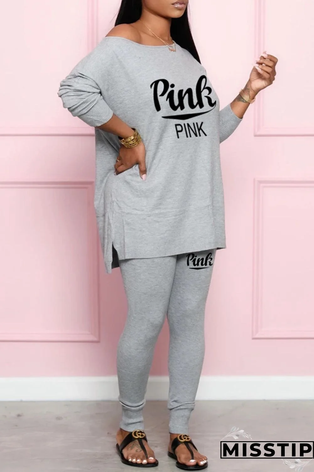 Black Fashion Casual Letter Print Slit O Neck Long Sleeve Two Pieces