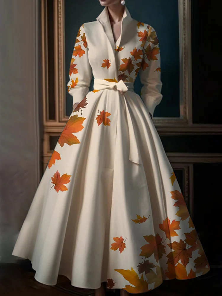 Ursime Elegant Maple Leaf Pattern Stand Collar Maxi Dress