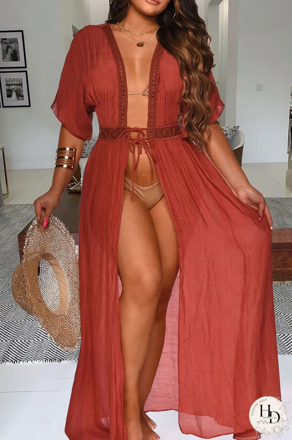 Wine Red Casual Short Sleeves V Neck Swagger Floor-Length Patchwork lace Solid Dresses