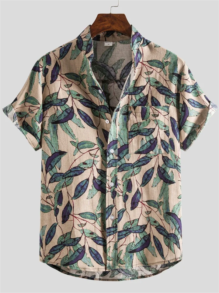 Summer New on The New Men's Youth Increased Collar Floral Print Fashionable Popular with Short-sleeved Shirts