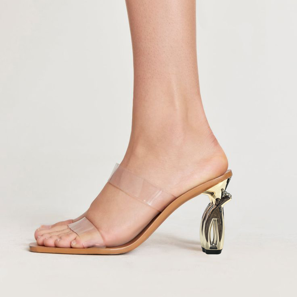Clear PVC Square Toe 3'' Decorative Heel Strappy Mules Nicepairs