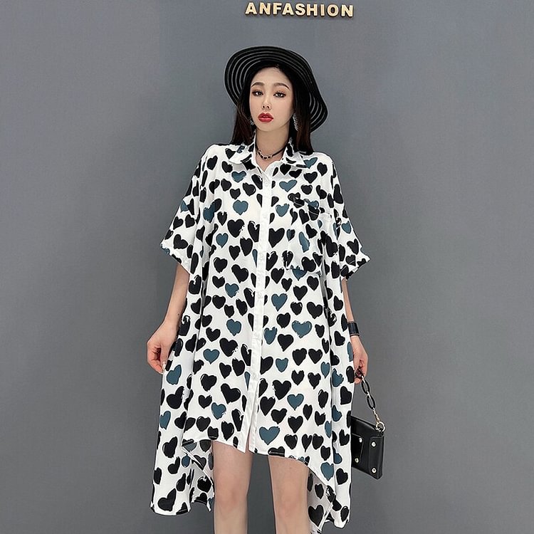 Chic Lapel Contrast Color Heart Shaped Printed Batwing Sleeve Asymmetrical Shirt Dress            