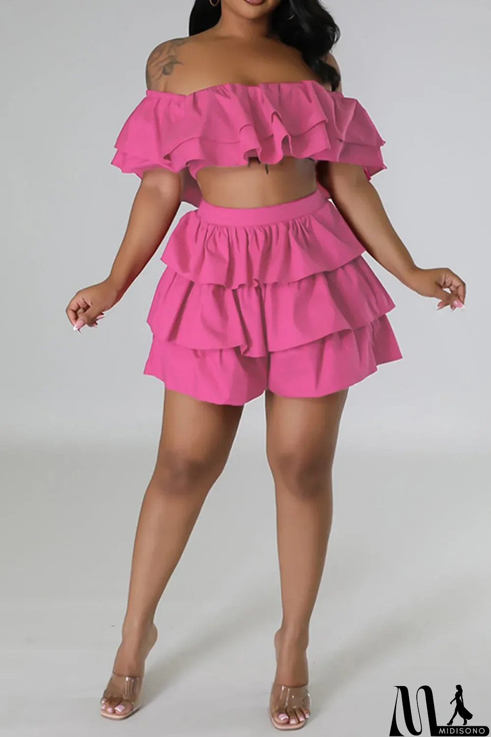 MidiSono - Rose Red Sexy Casual Solid Patchwork Backless Off the Shoulder Short Sleeve Two Pieces