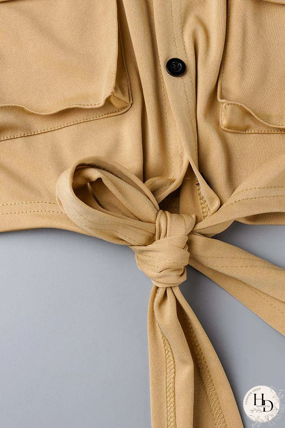 Khaki Casual Solid Bandage Patchwork Pocket Buckle Turndown Collar Short Sleeve Two Pieces