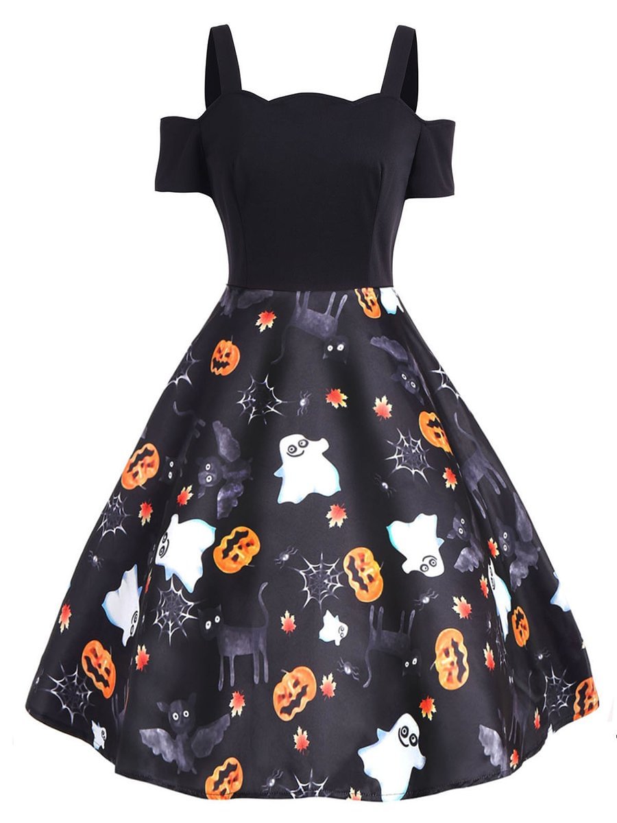 Vintage Off-the-shoulder Dress Halloween Print Dress