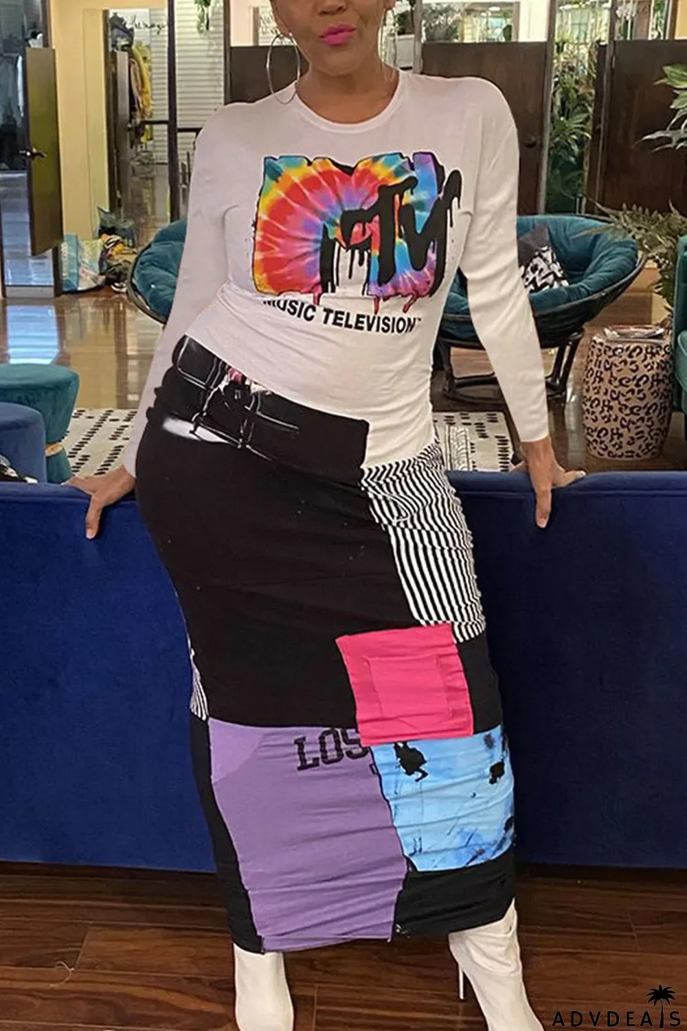 Black and white Elegant Polyester Print O Neck Long Sleeve Ankle Length Long Sleeve Dress Dresses