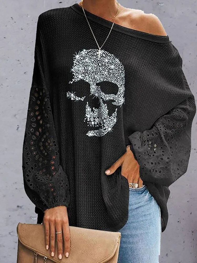 UForever21 2023 Women  Skew Collar Casual Blouse Elegant Femme Skull Print Office Shirt Blusa Spring Autumn Hollow Batwing Sleeve Tops