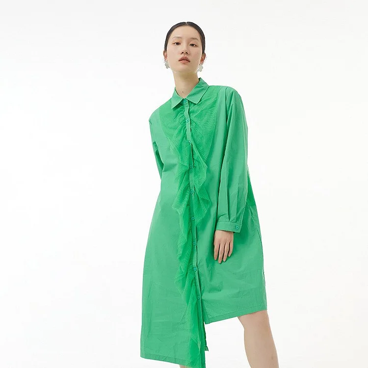 Fashion Solid Color Lapel Asymmetrical Splicing Mesh Yarn Long Sleeve Dress