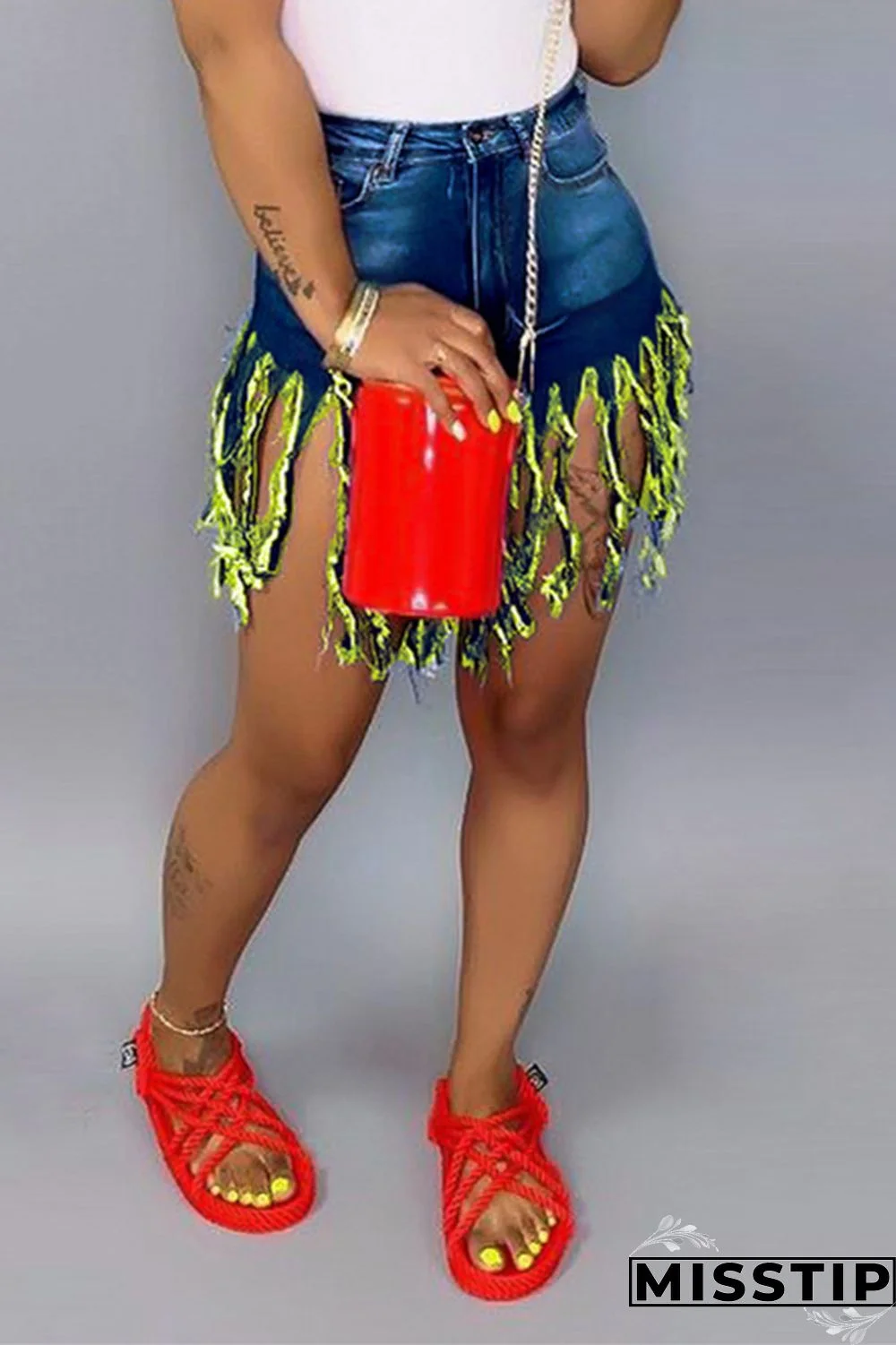 Yellow Red Green Yellow Royal blue Tassel Design Denim