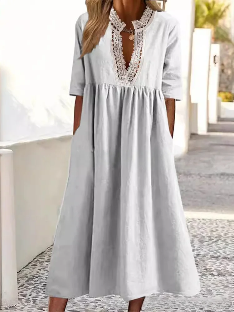 Women's Spring and Summer Solid Color Short Sleeve Cotton and Linen Waist Dress Long Skirt socialshop