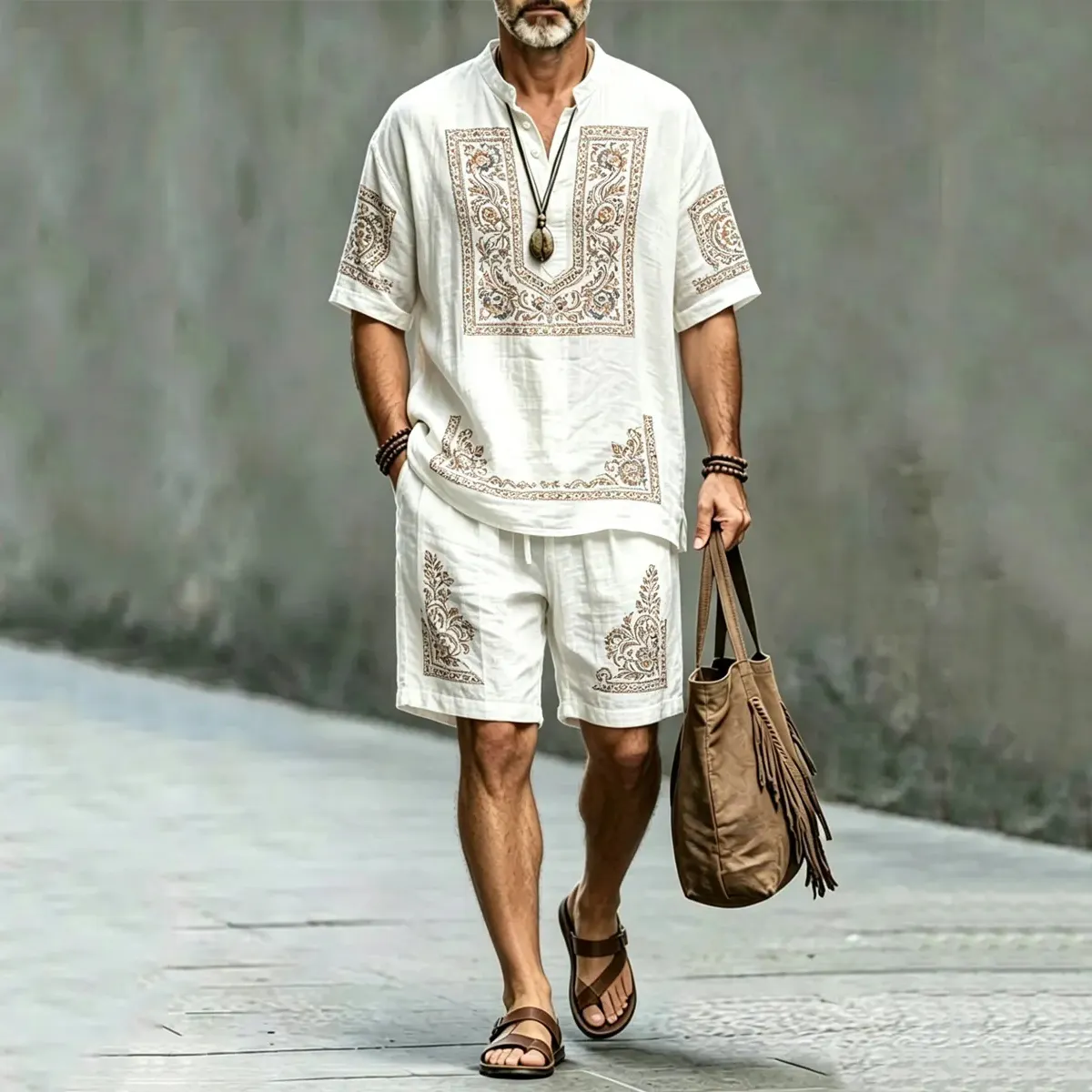 Men's Vintage Ethnic Floral Art Short Sleeve Shirt And Shorts Two Piece Set  artssus