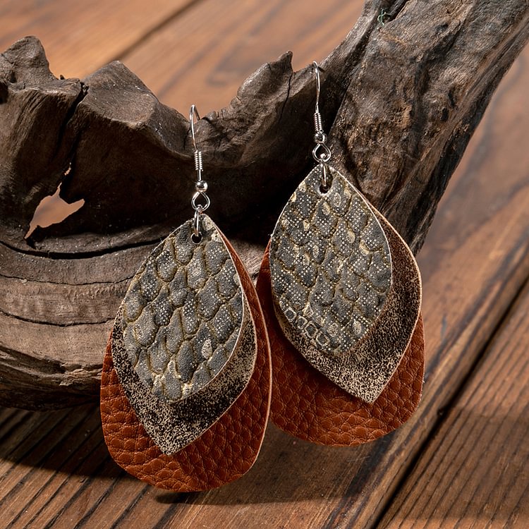 ANB -  Double Layer Snakeskin Pattern Glitter PU Teardrop Earrings Women Jewelry