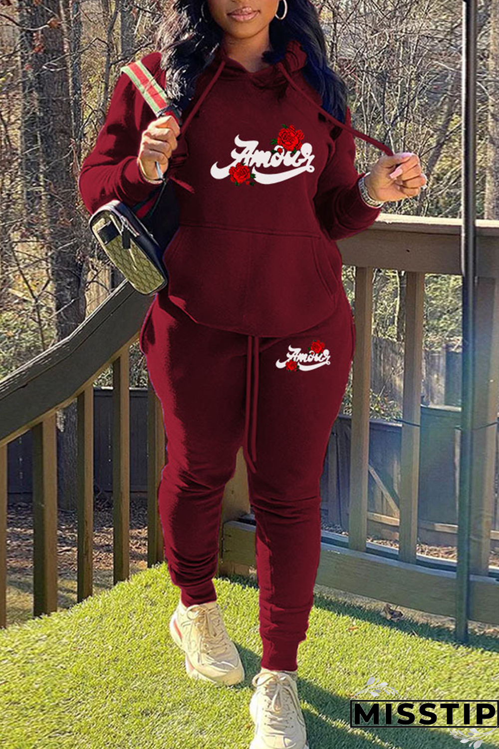 Burgundy Casual Print Draw String Hooded Collar Long Sleeve Two Pieces