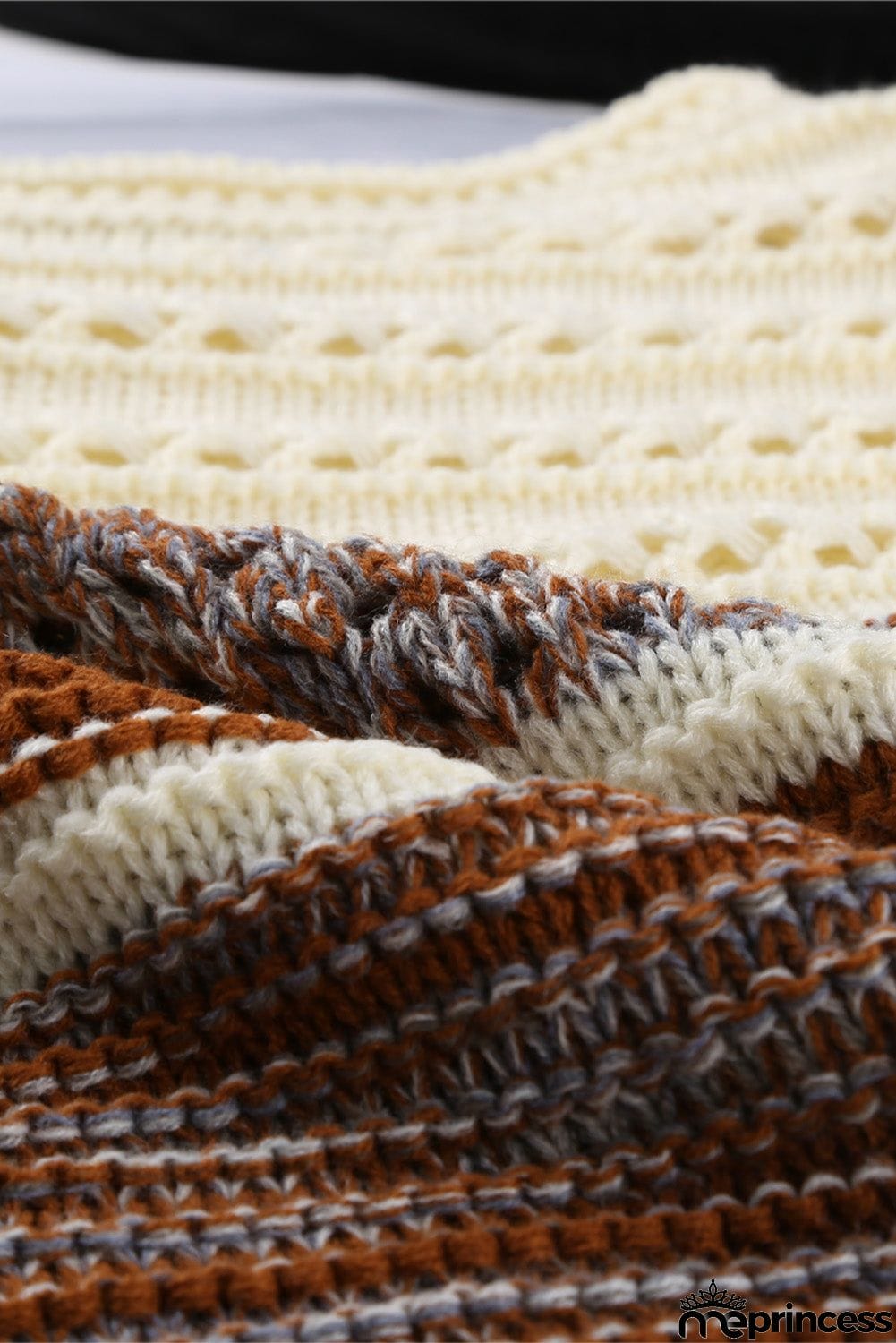 Brown Loose Openwork Round Neck Sweater