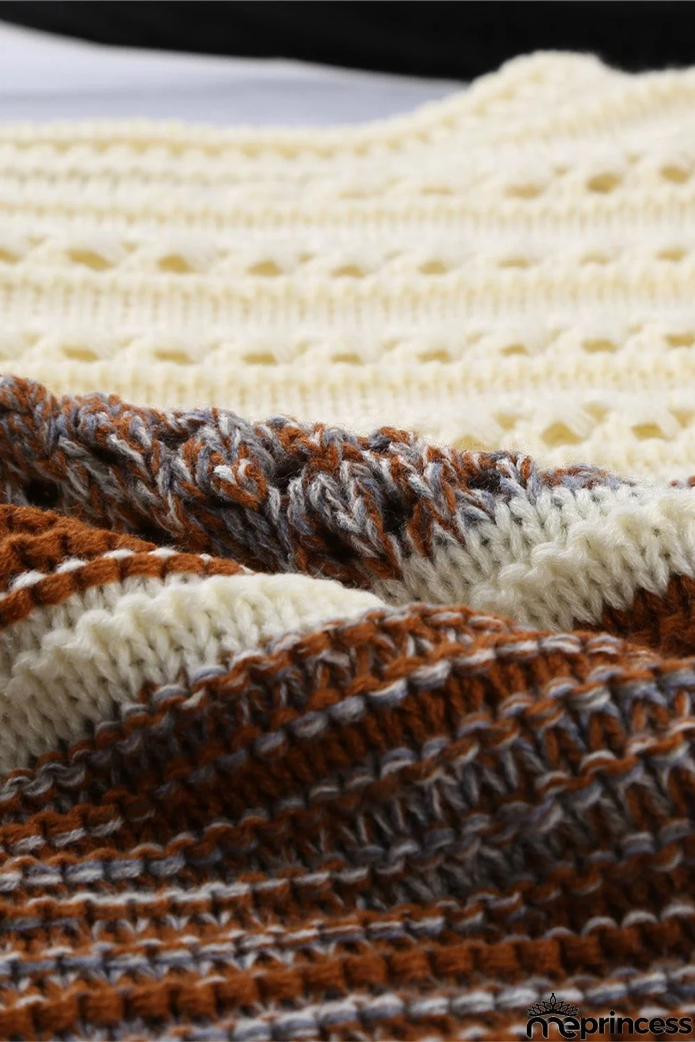 Brown Loose Openwork Round Neck Sweater