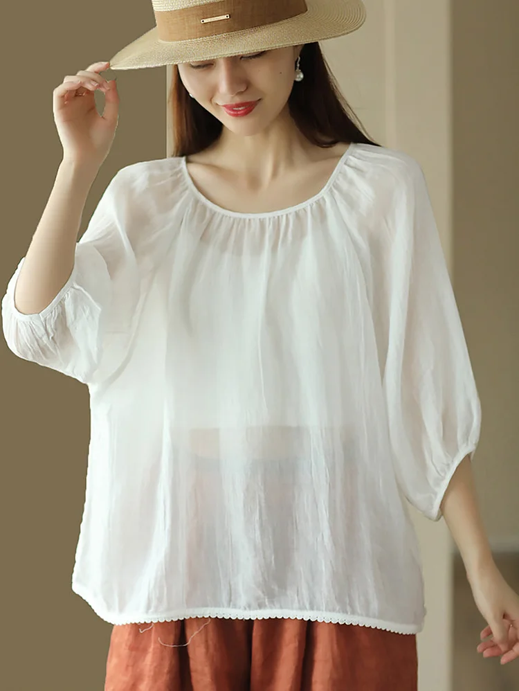 Women Summer Casual Solid Thin Lacework Loose Ramie Shirt