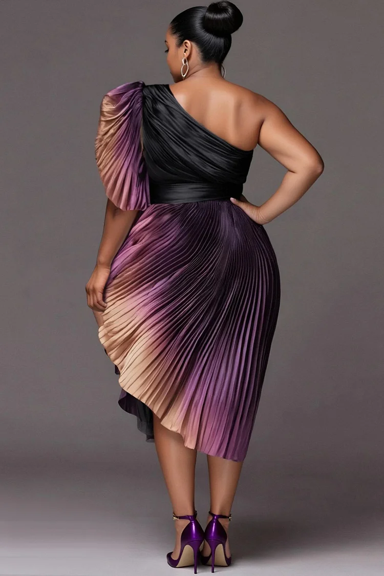 Xpluswear Design Plus Size Cocktail Party Purple Gradient One Shoulder Short Sleeve Pleated Elegant Asymmetric Hem Satin Midi Dresses [Pre-Order]