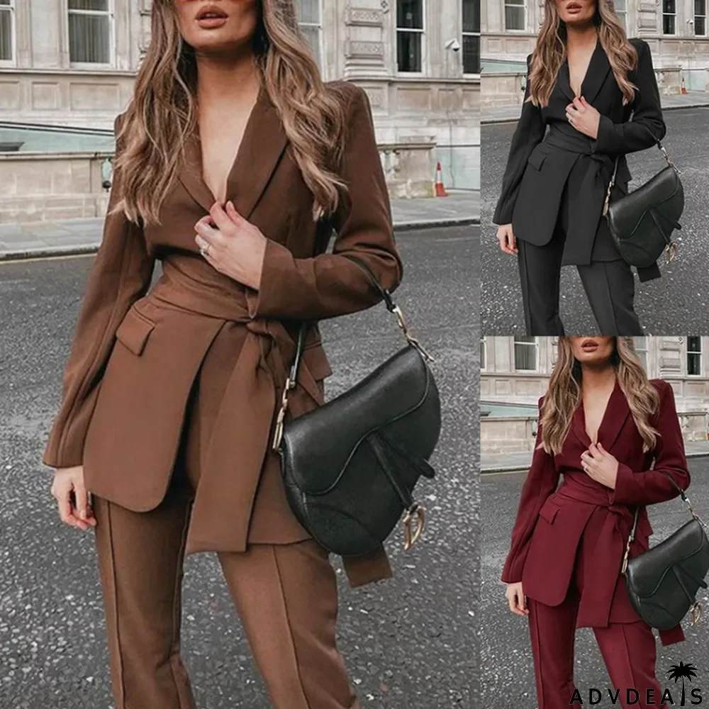 Autumn Professional Brown Office Blazer and Pants Suit with Matching Belt