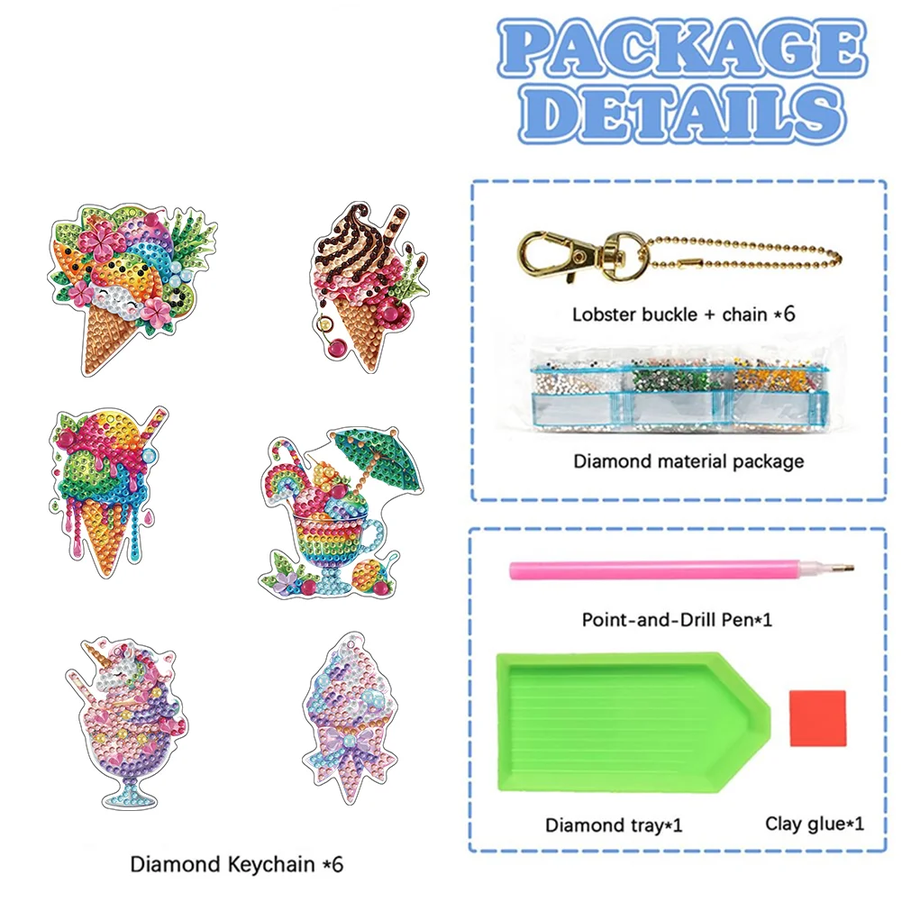 6Pcs Double Sided Special Shaped Ice Cream Diamond Painting Keychain for Adults