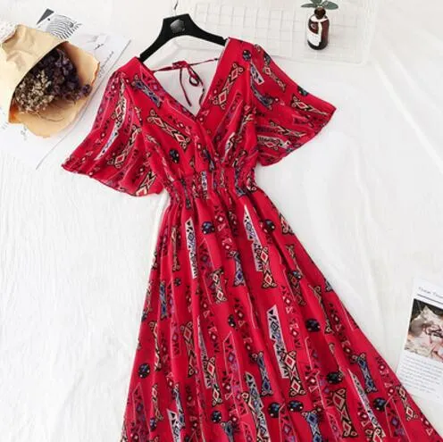 2020 Slim V Neck Summer Midi Long Dress Vestido Party Short sleeve Chiffon dress Women Casual Elegant print A-Line Vestidos
