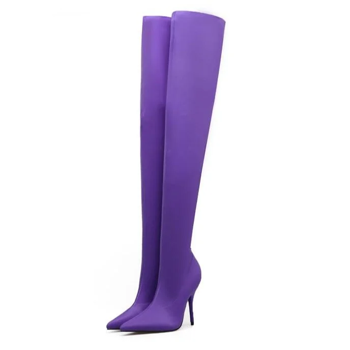 Purple High Boots Lycra Pointy Toe Stiletto Heel Thigh High Boots |FSJ Shoes
