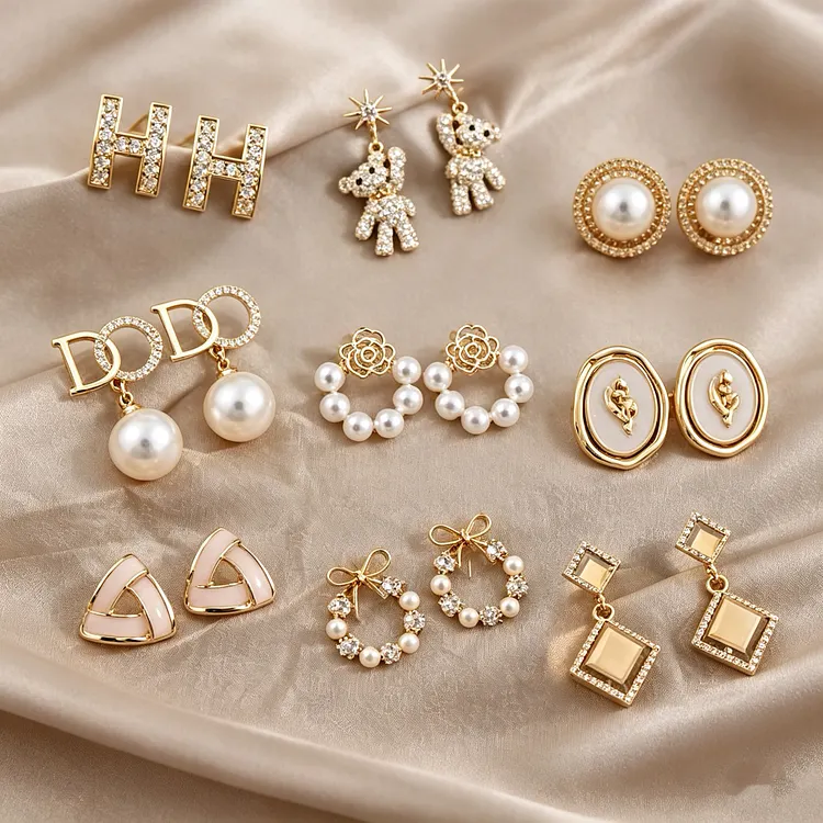 9-Piece Elegant Gold Earrings Set &ndash; Pearl, Crystal & Geometric Stud and Drop Earrings, Vintage Luxury Jewelry Gift for Women