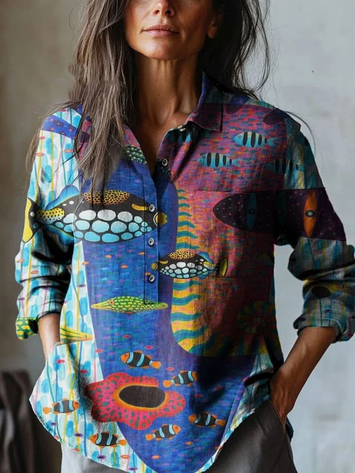 Women's Abstract Face Pattern Art Print Casual Cotton And Linen Shirt