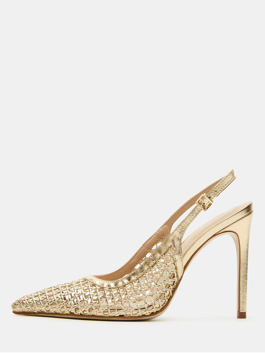 Gold Metallic Finish Woven Buckle Stiletto Heel Women Slingback Shoes