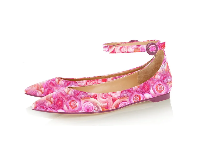 Pink Floral Pointy Toe Flats Ankle Strap Comfortable Shoes |FSJ Shoes