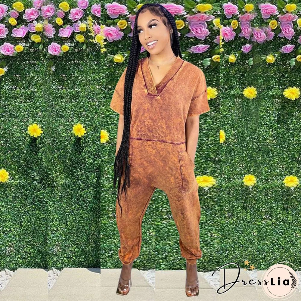 Loose Short Sleeve V Neck Long Harem Jumpsuits