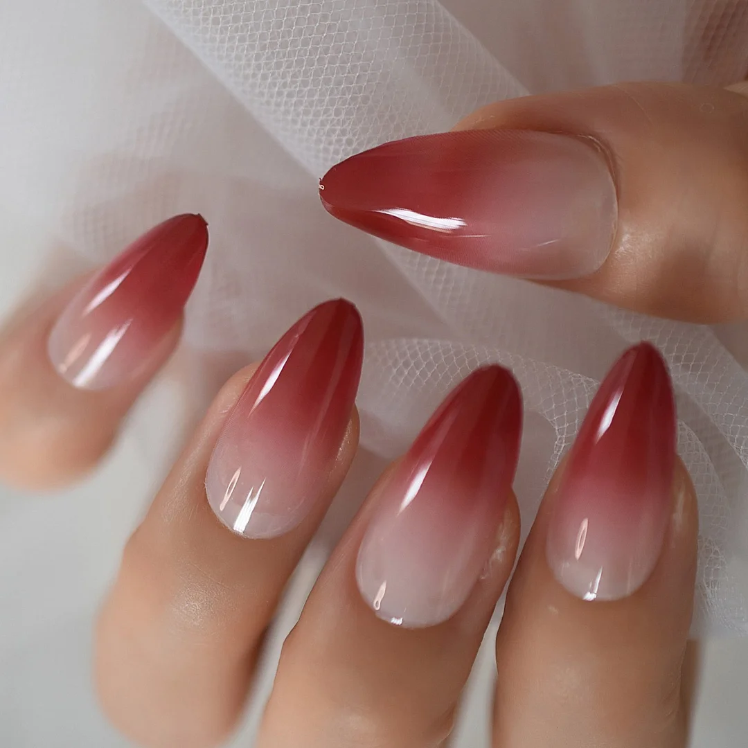 Medium Almond Red Fadeing Layered Red&White Gel Tips Decoration Nails False Hand Dummy Stick On Nails Full Cover Nails Optional